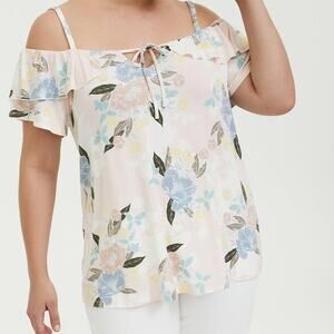 Torrid | Soft Pink Floral Super Soft Cold Shoulder Ruffle Top 3X Plus Size